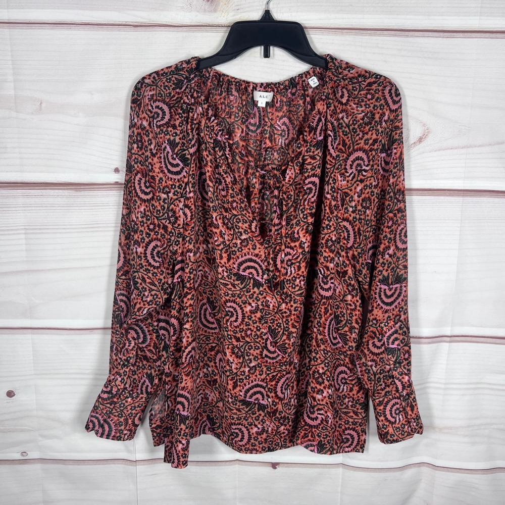 A.L.C. Silk Floral Blouse Womens 2 Small Orange Long Sleeve Tie Neck Boho Artsy